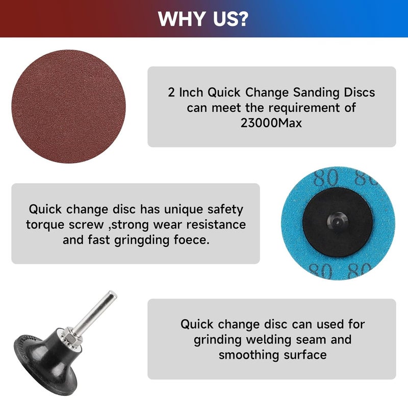 Shineboc 75Pcs 2 Inch Quick Change Sanding Discs Hardened Material Die Grinder Abrasive Set with 1/4" Roll Lock Holder Power Drill Accessories for Metal Wood Grinding Deburring Rust & Paint Removal - Image 3